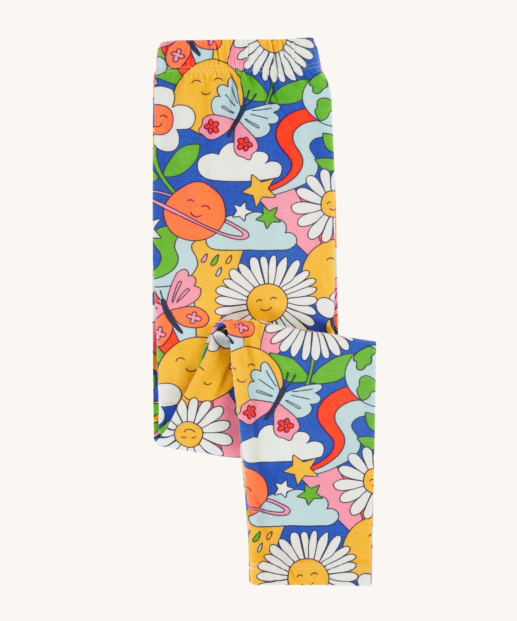 The legs of the Retro Happy leggings are folded in this image, and show the Retro Happy print