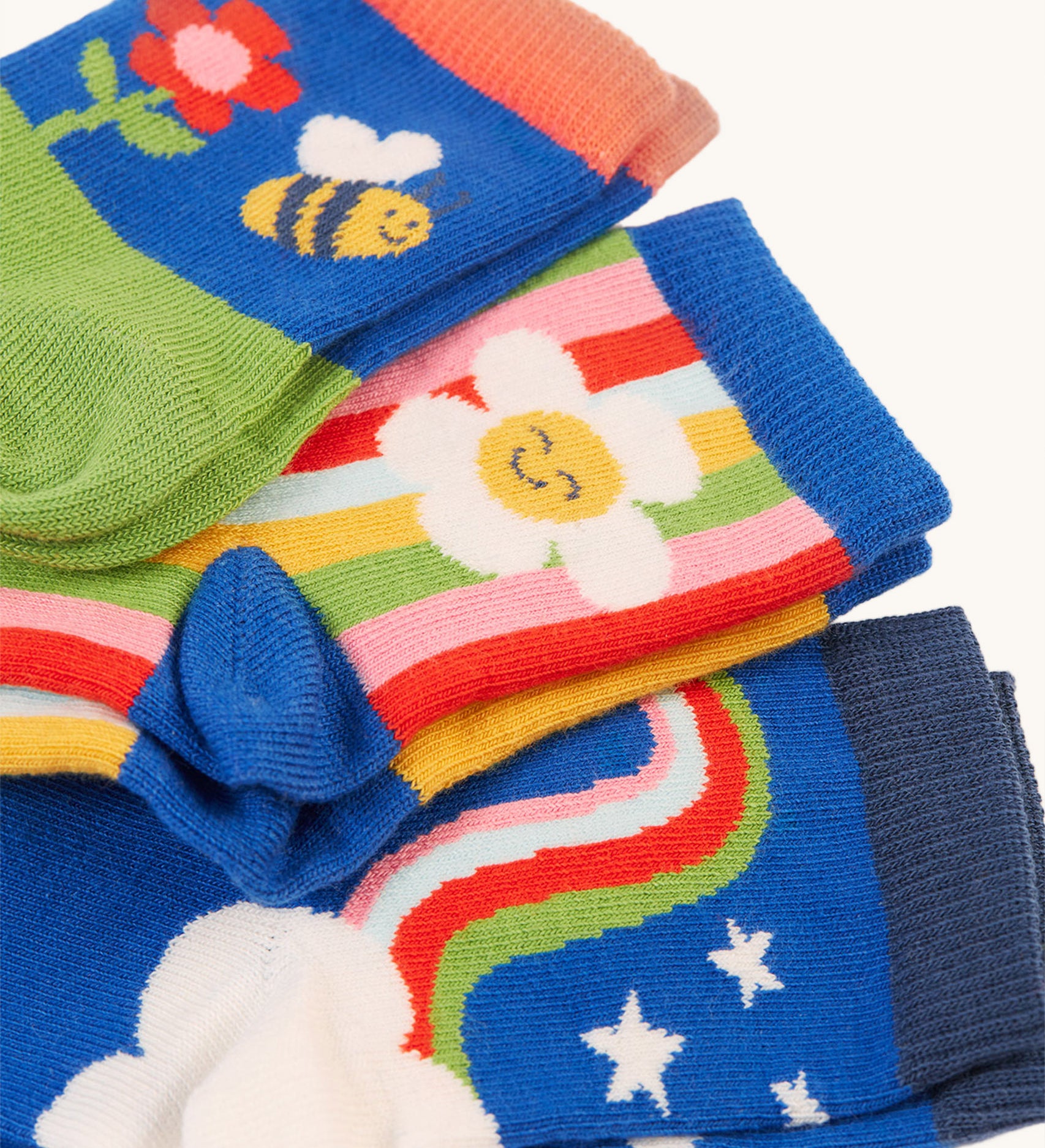 A closer look at the designs on the Frugi Little Socks 3 Pack - Retro Happy