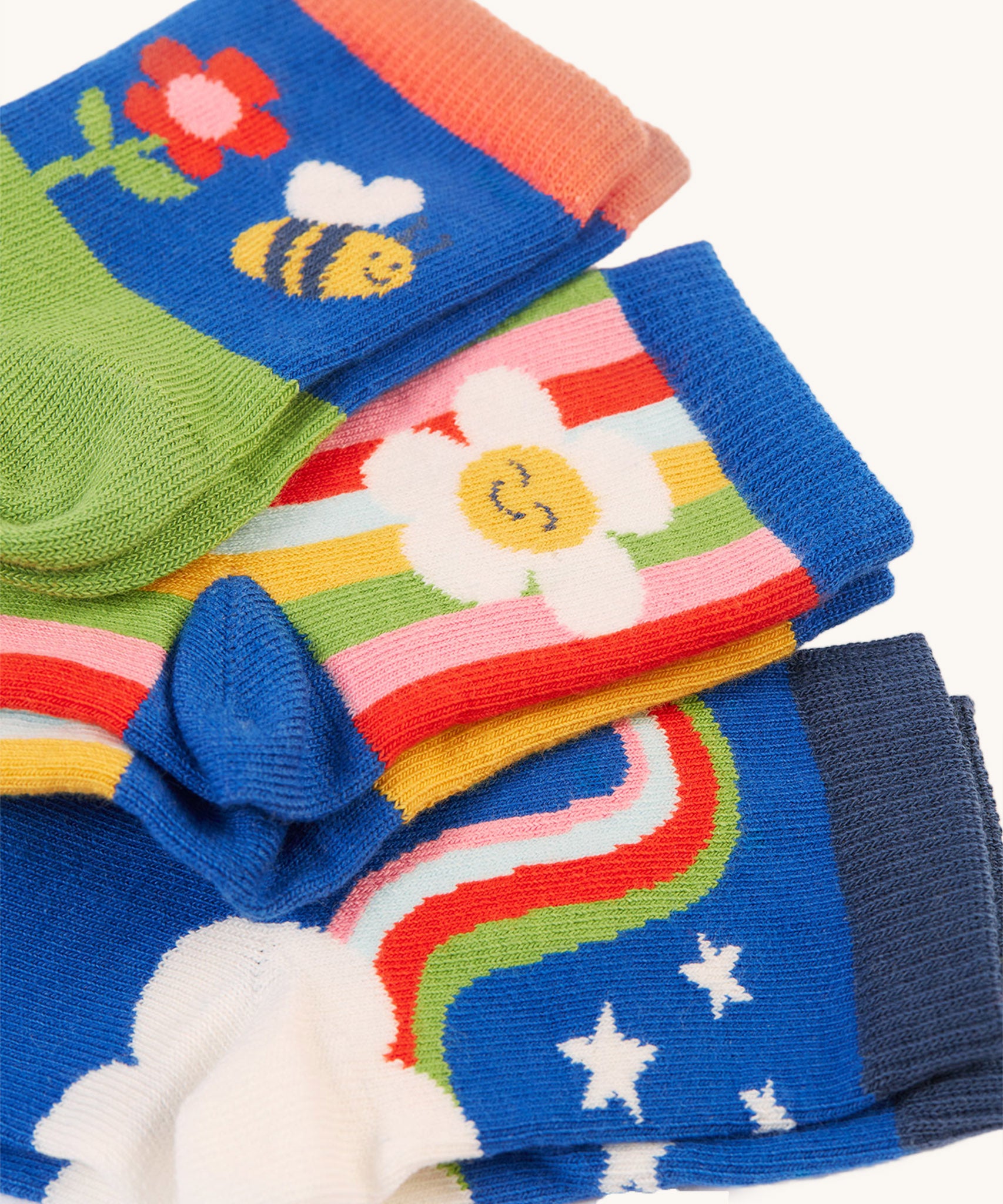 A closer look at the designs on the Frugi Little Socks 3 Pack - Retro Happy