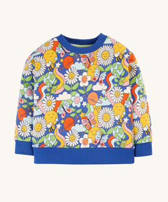 Frugi Superb Sweatshirt - Retro Happy. A colourful and bold, retro design print with planets, flowers, butterflies and bees, with royal blue neck and waist band and wrist cuffs