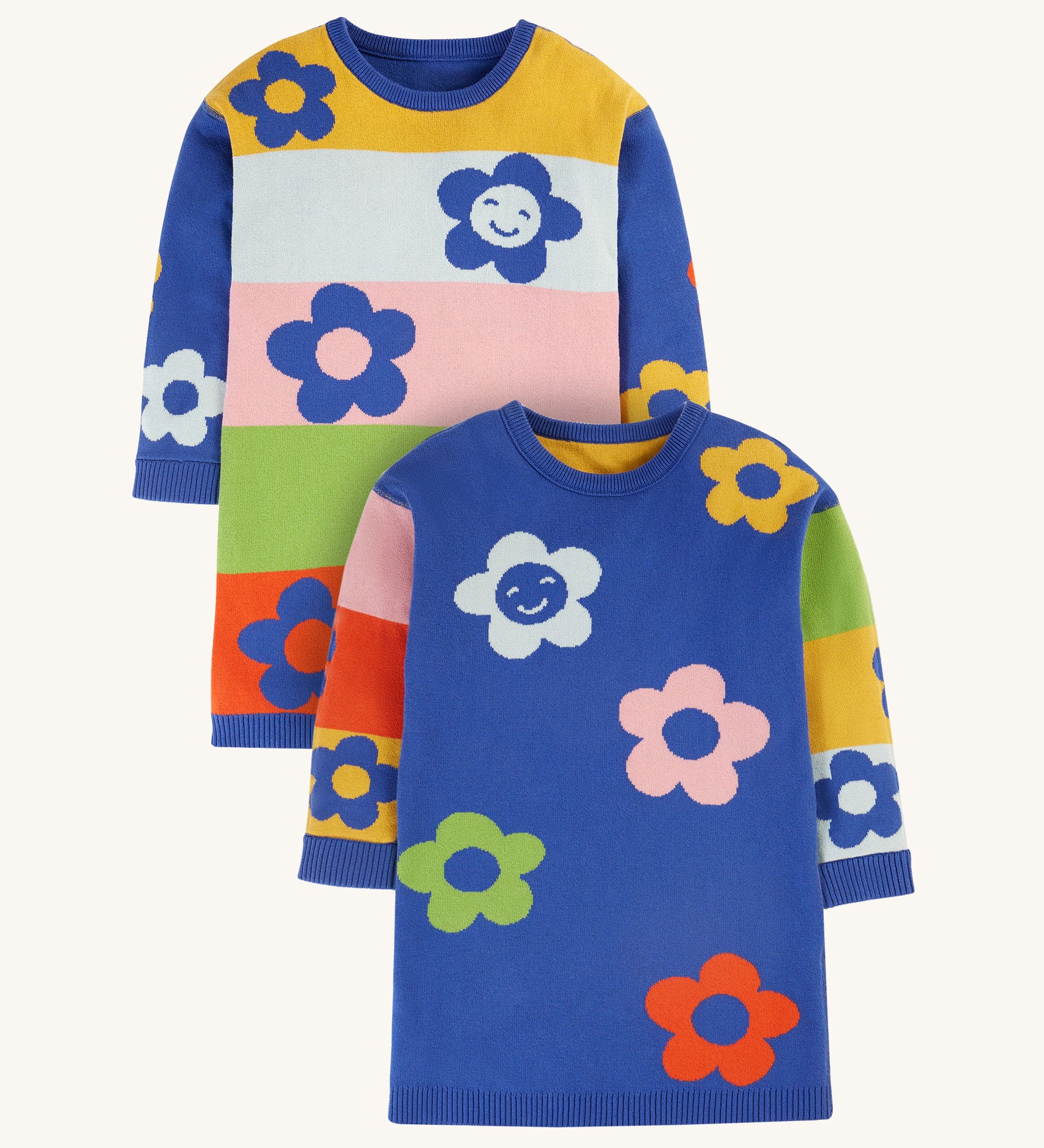 Frugi Zola Reversible Knitted Dress - Blue Tang/Retro Floral. A beautiful knitted, long sleeve dress with a gorgeous retro colour-block fabric and floral patterns. The image shows the dress with colour-block body and blue sleeves, and the reverse with a blue body and colour-block sleeves. Both sides have bold, colourful floral prints.