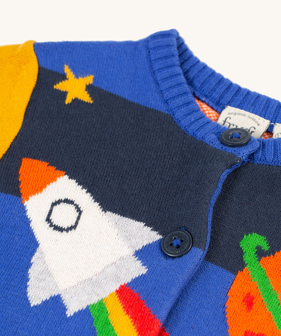 A closer look at the buttons and rocket print on the Frugi Corin Knitted Cardigan - Blue Tang/Rocket Flight