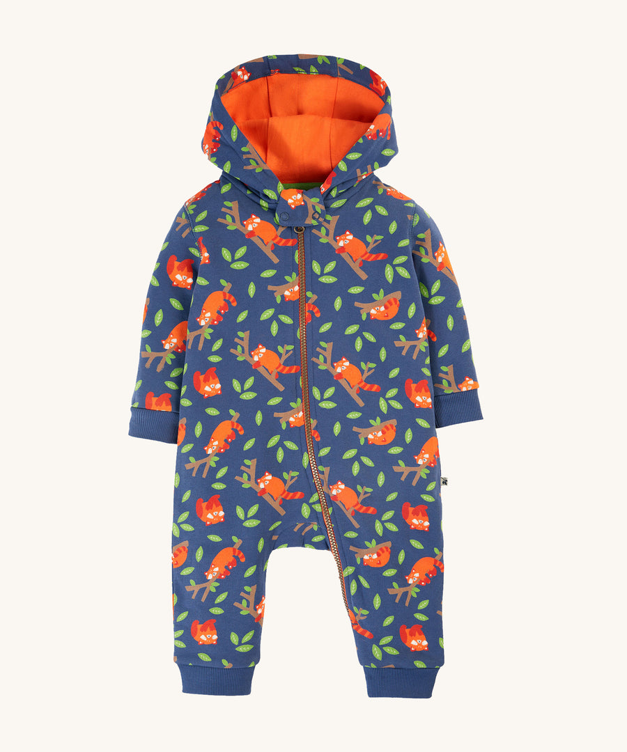 Frugi Snuggle Suit - Red Panda Pals. A lovely navy blue, organic cotton, zip up hooded snuggle suit. With cute red panda and leaf repeat pattern print