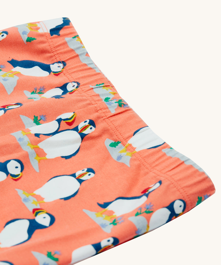 A closer look at the waist band and puffin print on the Frugi Libby Leggings - Puffin Pals