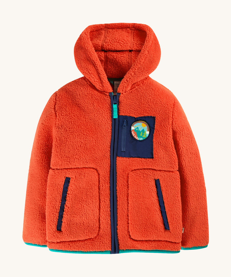 Frugi Toby Ted Fleece Jacket - Bonfire. A bold, orange hooded, fleece jacket with navy blue detail and a Get Outside patch on the chest pocket