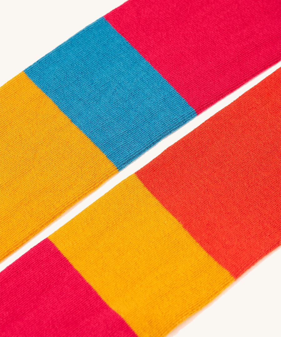 A closer look at the colours on the Frugi Norah Tights - Deep Water Colour Block