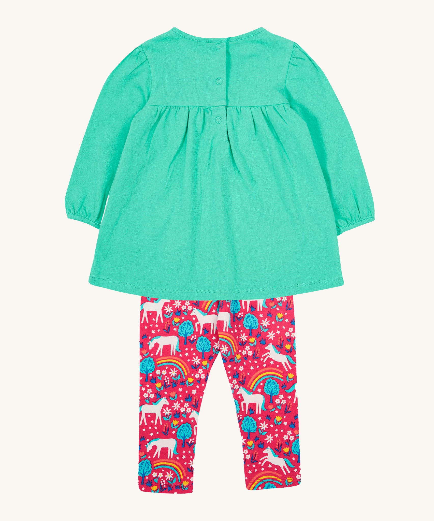 The back of the Frugi Tilly Outfit - Pacific Aqua/Wild Horses, showing the popper fasteners on the back of the top