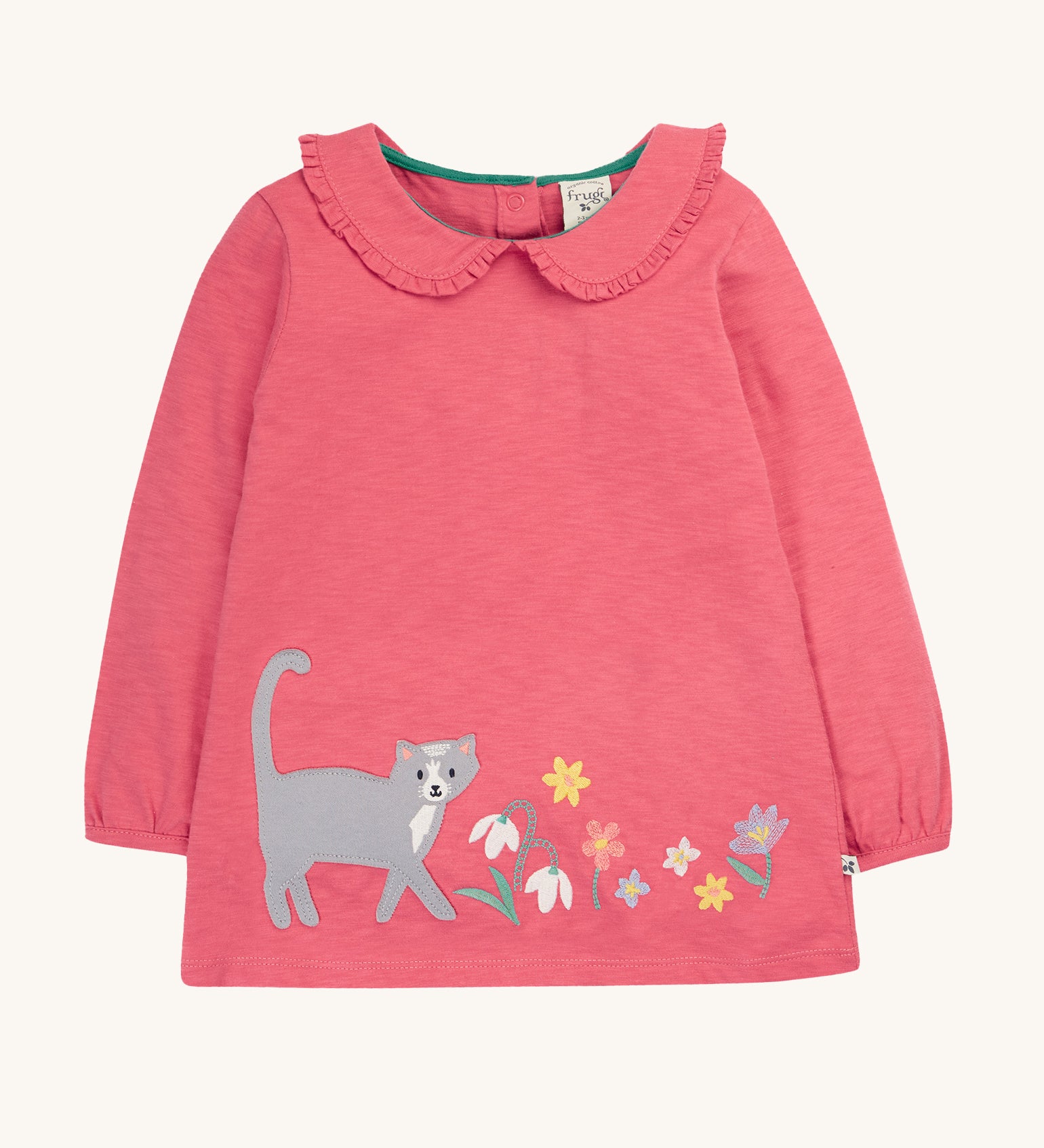 Frugi Victoria Collared Tunic Top - Petal/Cat. A lovely pink tunic top with beautiful cat and flower detail, and ruffled collar