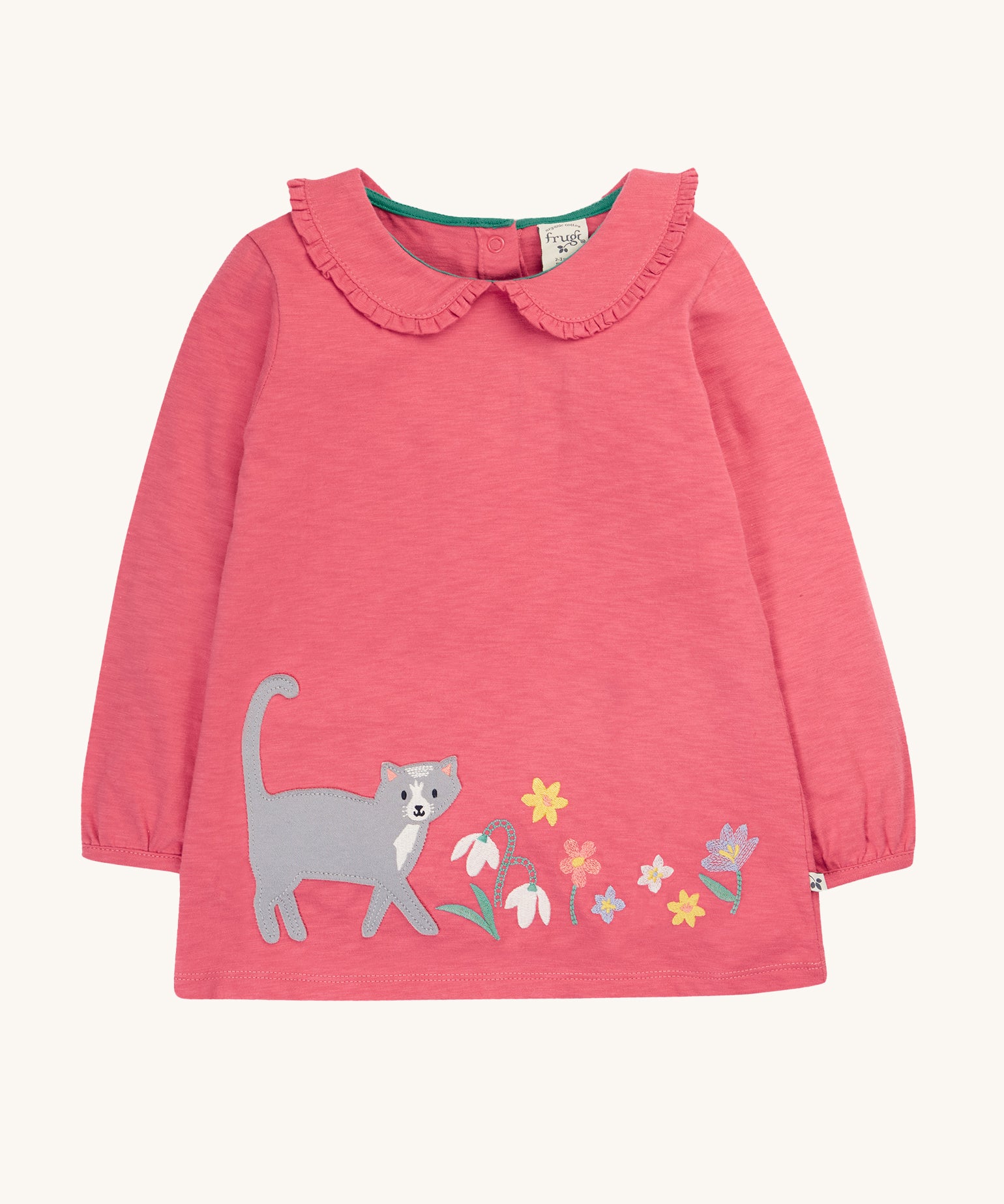 Frugi Victoria Collared Tunic Top - Petal/Cat. A lovely pink tunic top with beautiful cat and flower detail, and ruffled collar