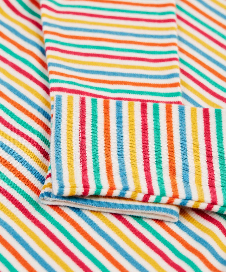 A look at the stripe pattern on the sleeves of the Frugi Betty Body - Lingonberry Multi-Stripe