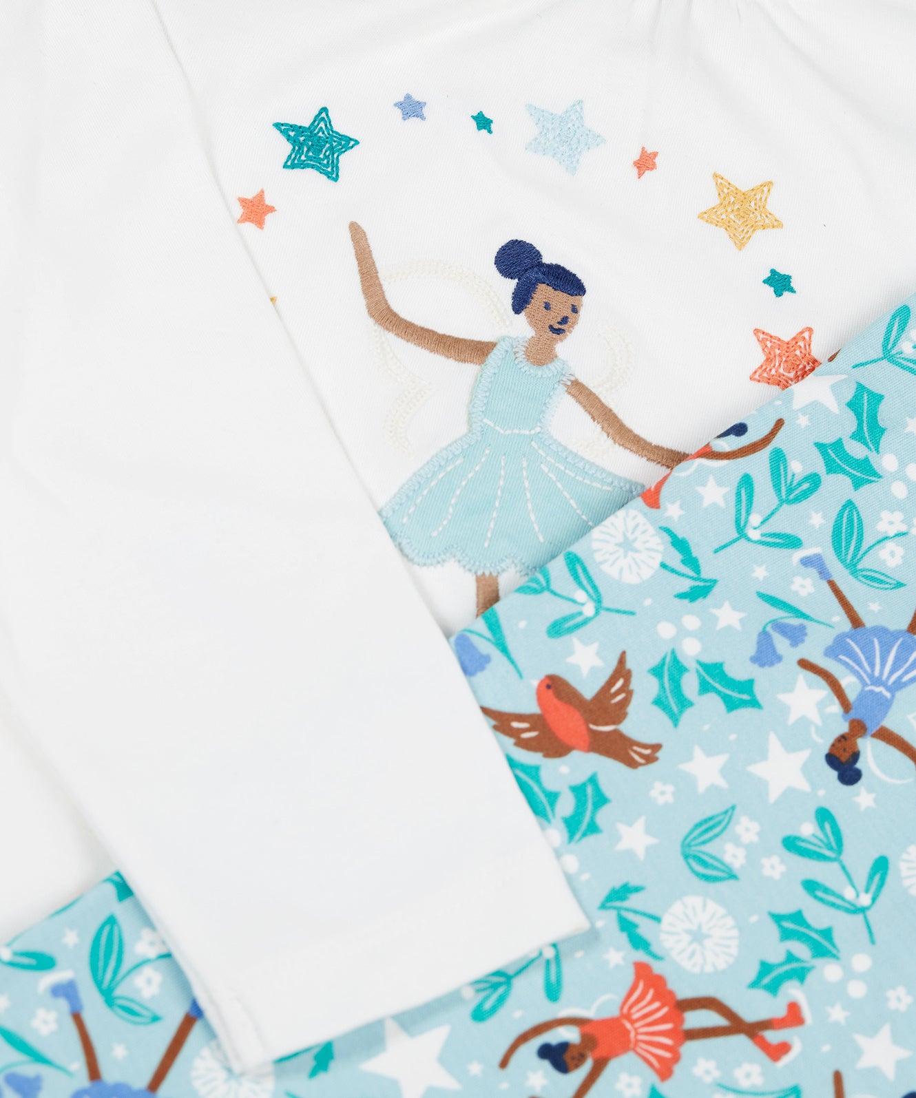 A closer look at the Frugi Alana Pyjamas - Glacier Enchanted Forest/Skater pattern on the pyjama bottoms, and the fairy and star applique on the top