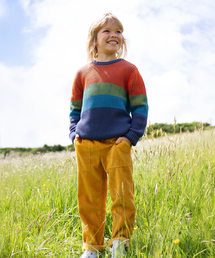 A child outside wearing the Frugi Top Notch Jumper - Navy Blue, and yellow Frugi cord trousers