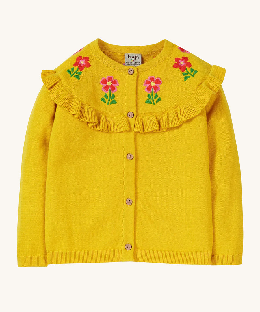 Frugi Romi Ruffle Cardigan - Dandelion/Flowers. A yellow cardigan with embroidered flowers and a ruffle collar