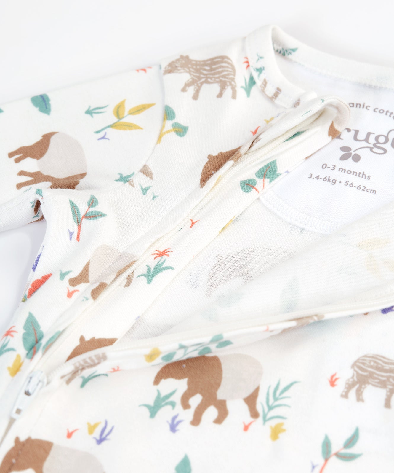 Frugi Kimono Zip Babygrow - Tapir Time, showing the zip open on the babygrow