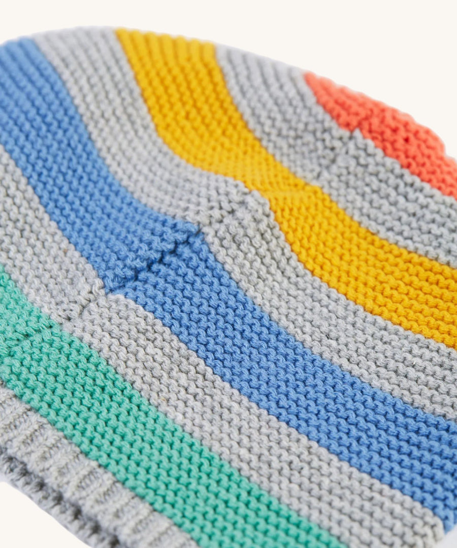 A closer look at the knitted pattern and stripes on the Frugi Harlen Knitted Hat - Grey Marl Stripe