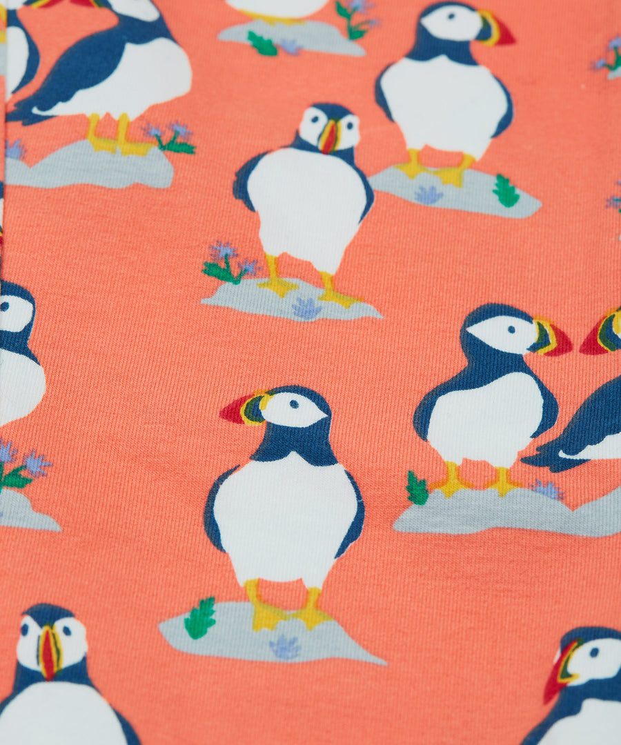 A closer look at the puffin print on the Frugi Libby Leggings - Puffin Pals