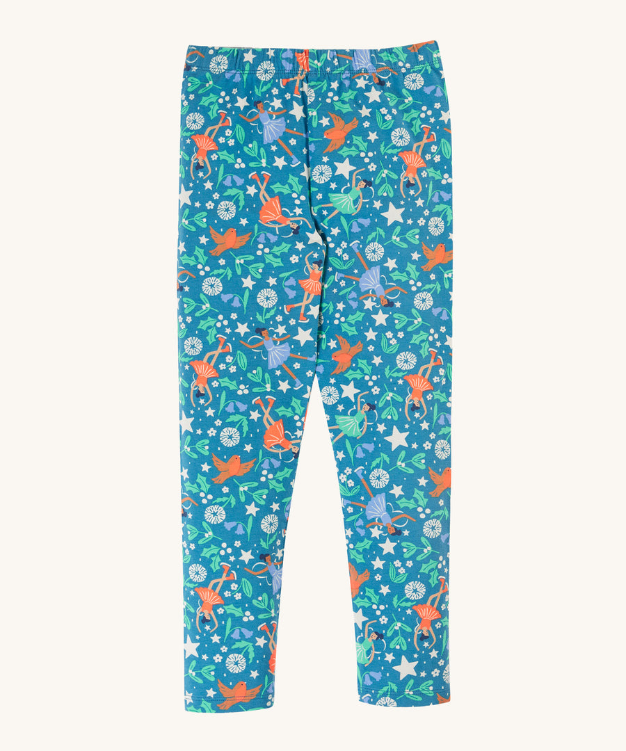 Frugi Libby Printed Leggings - Enchanted Forest. A teal blue, organic cotton featuring little robins, stars, holly leaves, flowers, and fairy ballerinas.