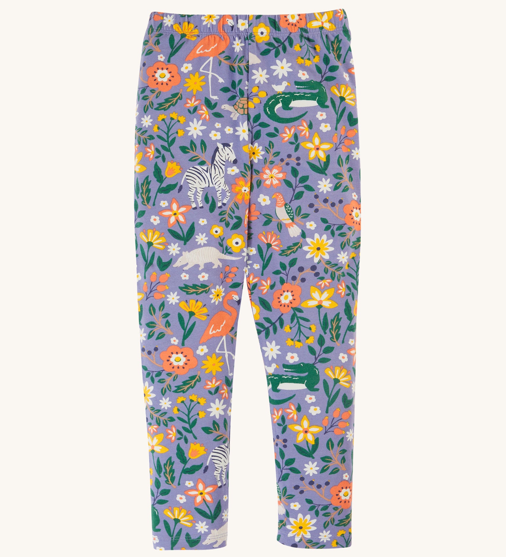 Frugi Libby Printed Leggings - Rainforest Friends. Soft, organic cotton leggins in lilac, with zebras, flamingos, parrots, and more wild friends print.