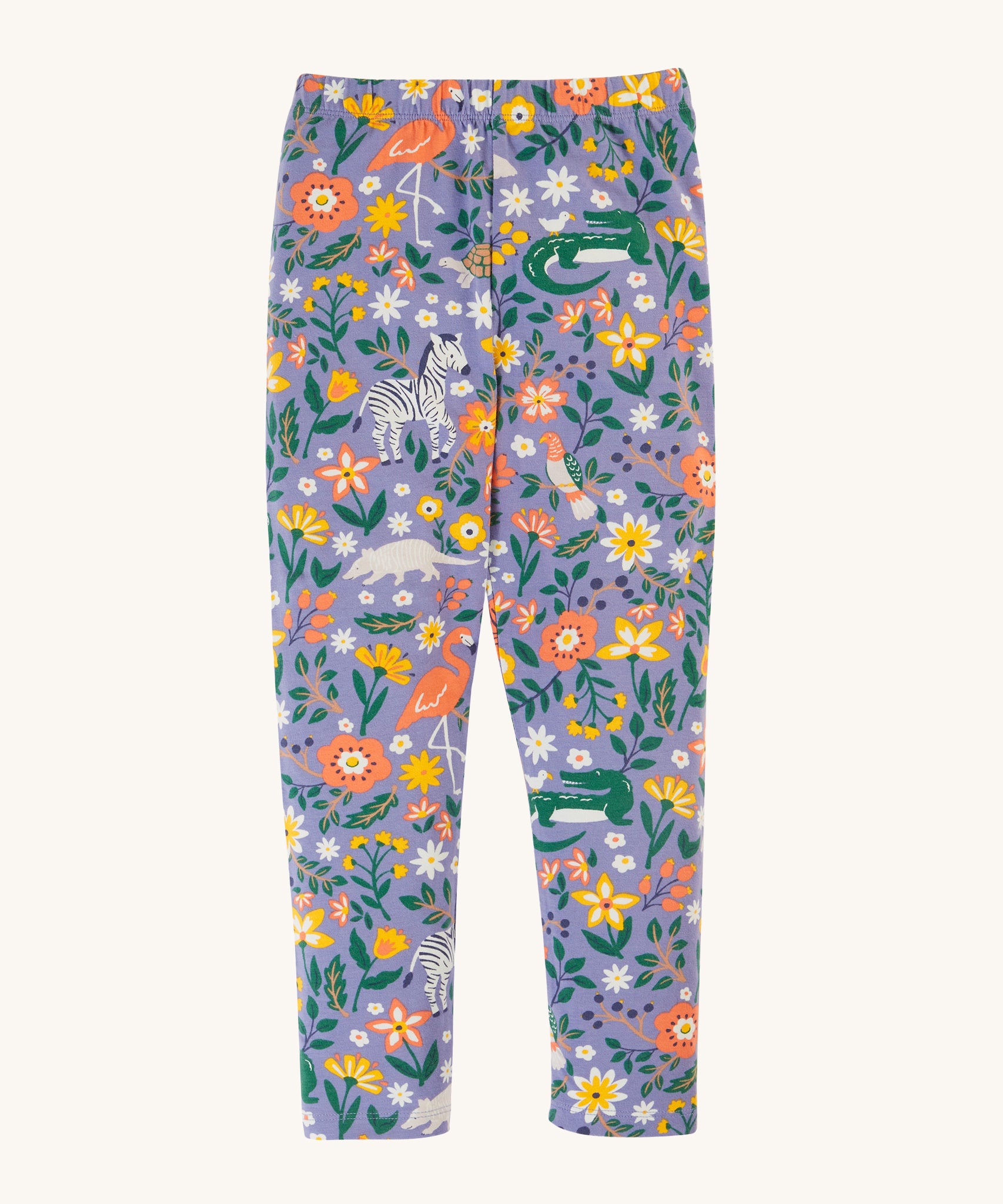 Frugi Libby Printed Leggings - Rainforest Friends. Soft, organic cotton leggins in lilac, with zebras, flamingos, parrots, and more wild friends print.