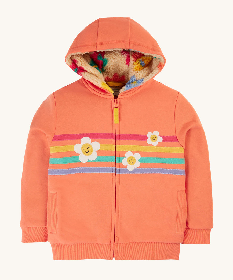 Frugi Ted Fleece Lined Hoody - Cantaloupe/Rainbow. A beautiful peach hoody with colourful stripes and flower print on the front, and a flower pop fleece print inside