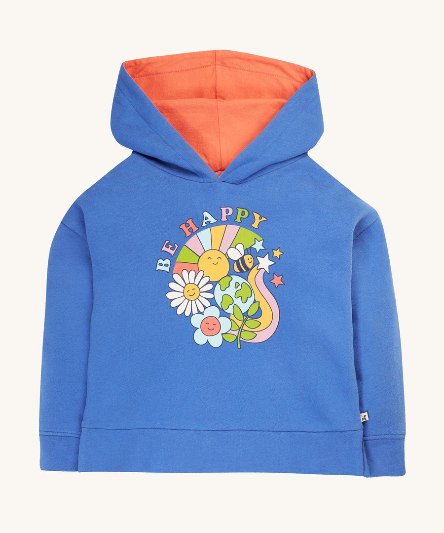 Frugi Lissie Oversized Hoodie - Blue Tang/Be Happy. In a light blue colour design, made from soft organic cotton. The hoodie has long sleeves, a fun Be Happy print on the front and an orange lining in the hood.