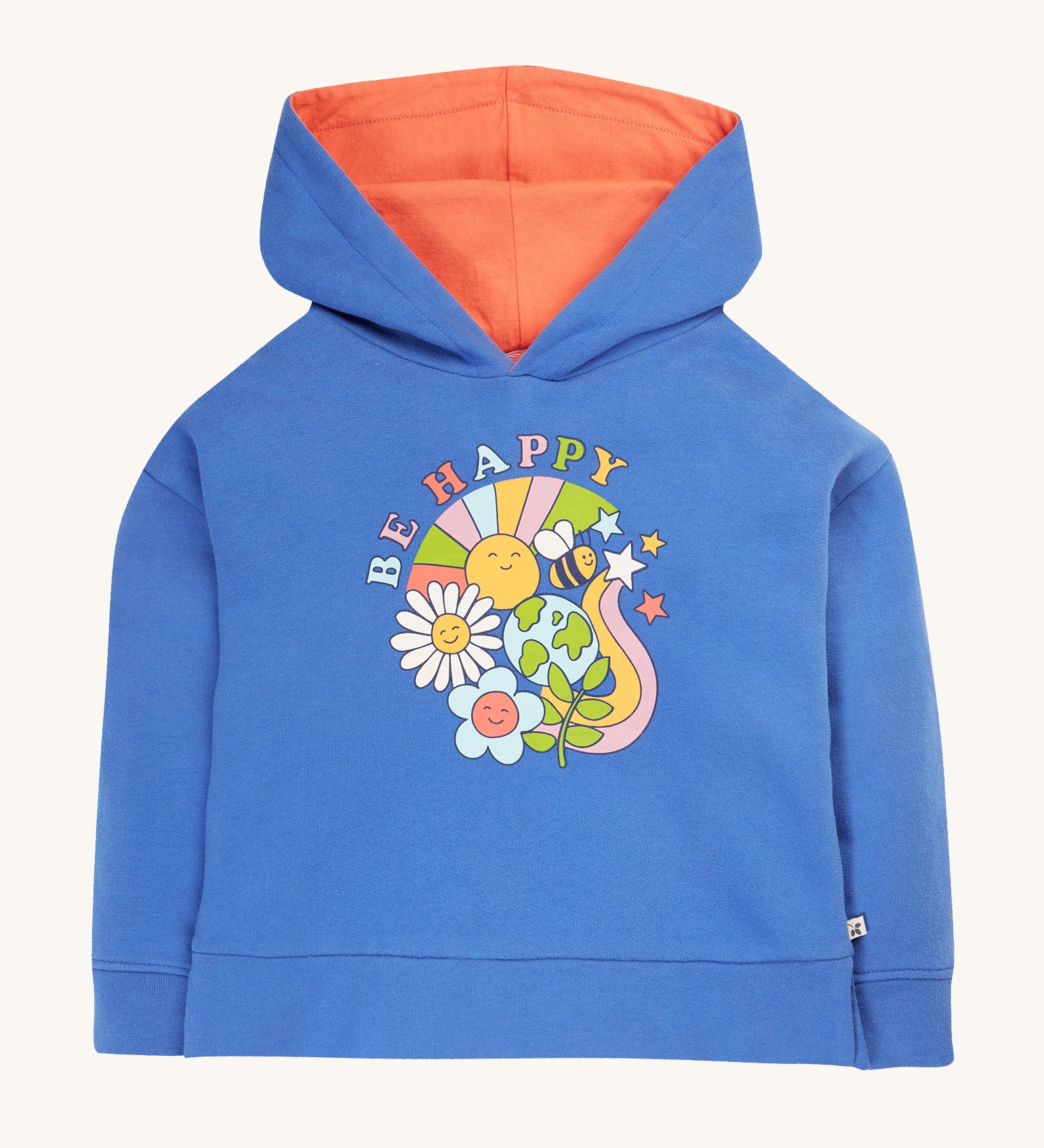 Frugi Lissie Oversized Hoodie - Blue Tang/Be Happy. In a light blue colour design, made from soft organic cotton. The hoodie has long sleeves, a fun Be Happy print on the front and an orange lining in the hood.