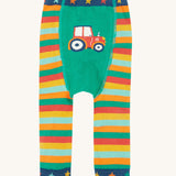 Frugi Little Knitted Leggings - Rainbow Stripe/Tractor, with colourful stripes and a tractor and star print