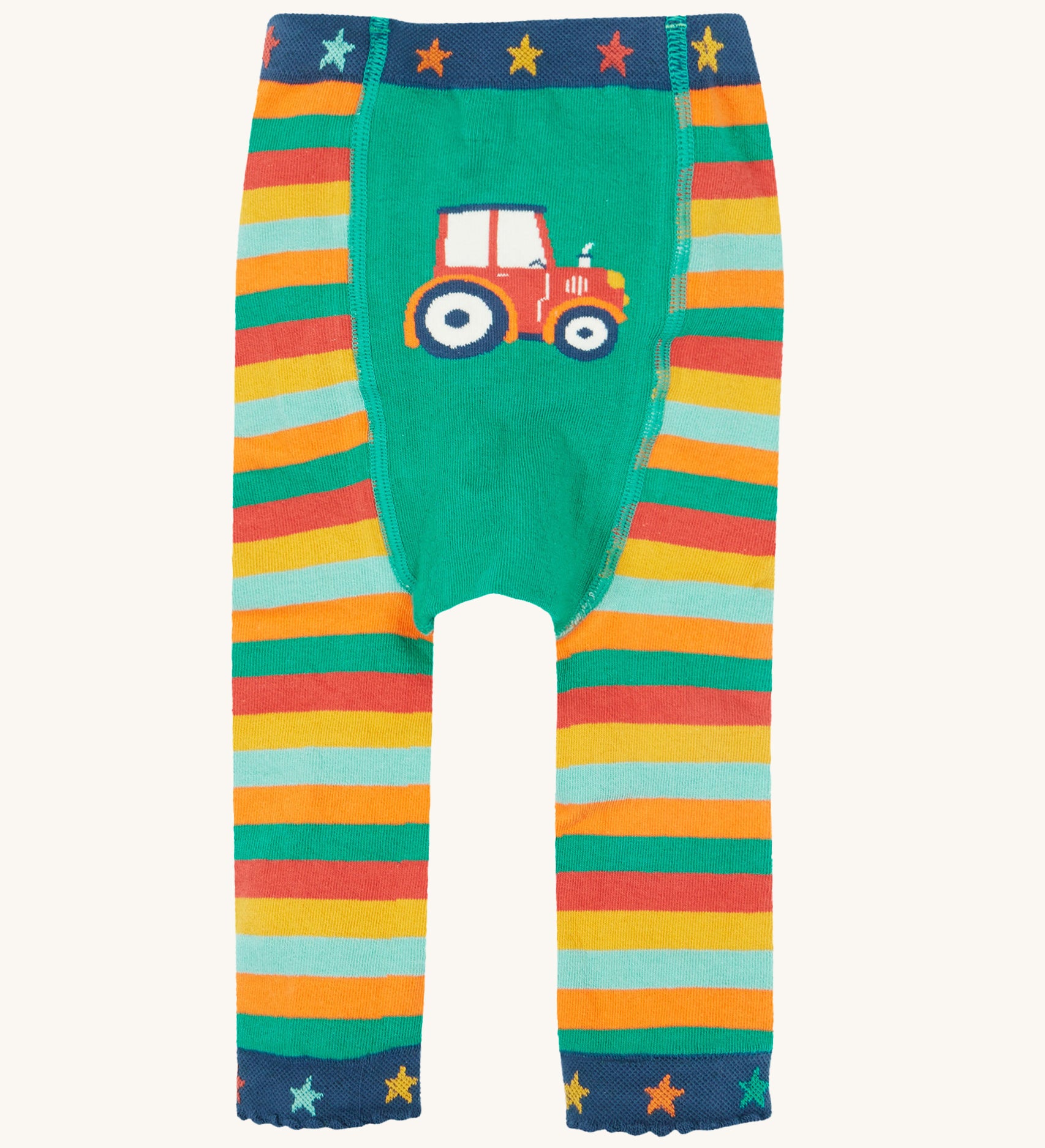 Frugi Little Knitted Leggings - Rainbow Stripe/Tractor, with colourful stripes and a tractor and star print