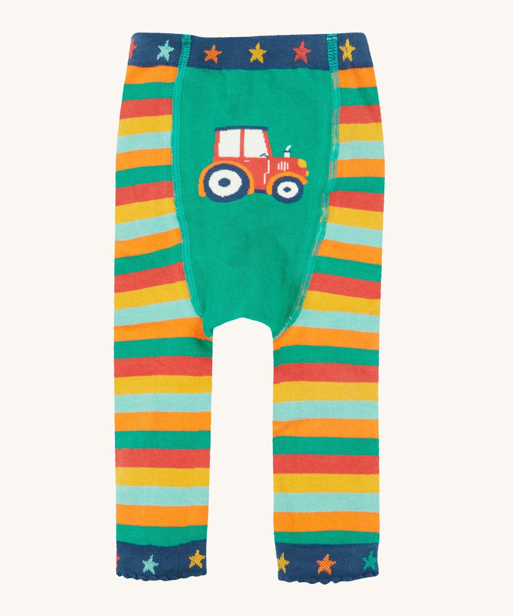 Frugi Little Knitted Leggings - Rainbow Stripe/Tractor, with colourful stripes and a tractor and star print