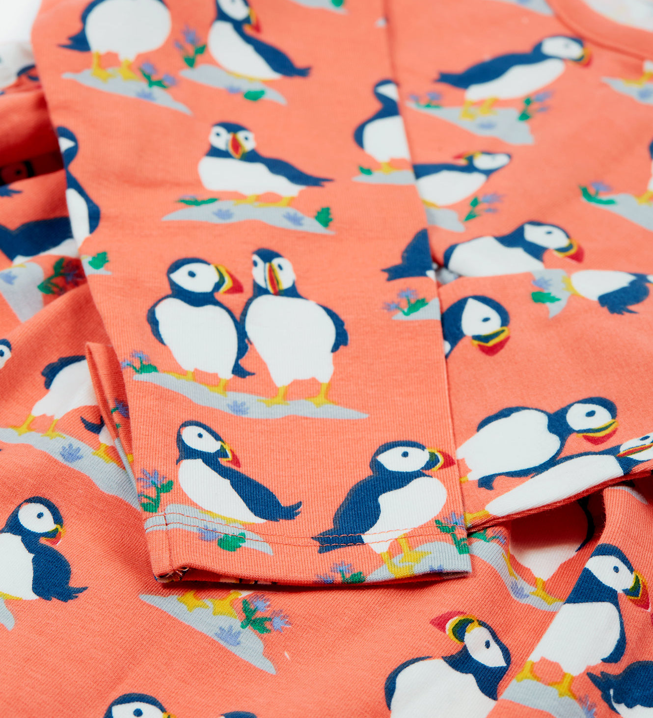 A look at the sleeves of the Frugi Dee Dress - Puffin Pals, showing the cute Frugi puffin print