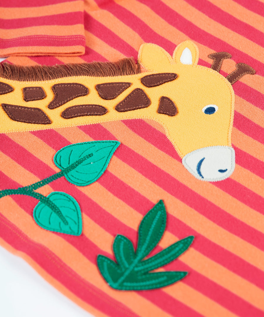 A closer look at the giraffe and leaf applique on the Frugi Bobby Applique Top - Cantaloupe Stripe/Giraffe