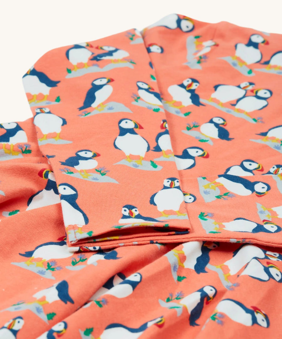 A look at the sleeves and puffin print on the Frugi Sofia Skater Dress - Puffin Pals