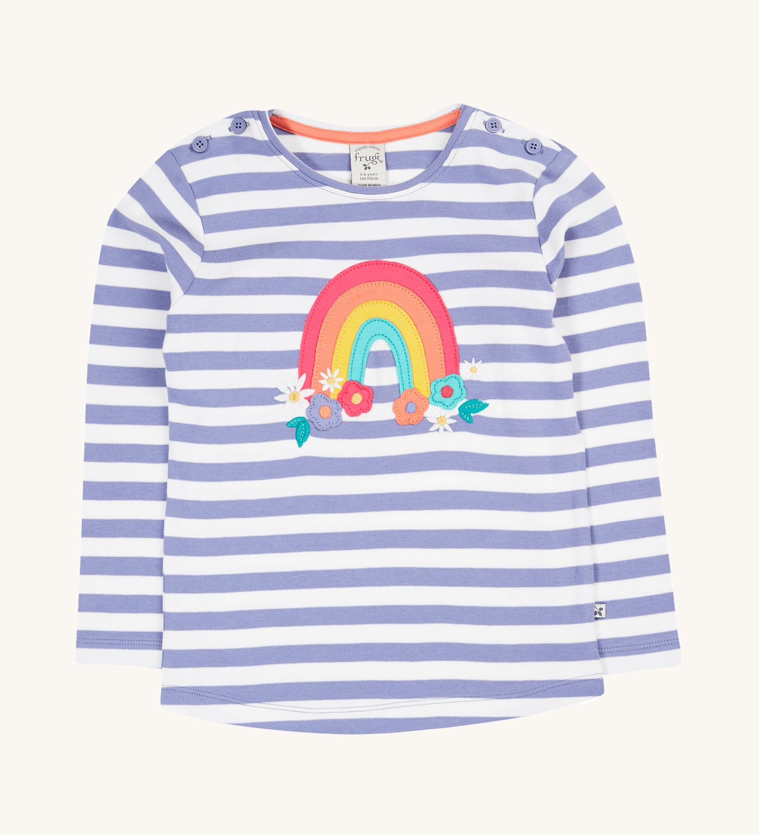 Frugi Louise Applique Top - Grape Stripe/Rainbow. A lovely lilac and white stripe, long sleeve top but button shoulders for easy on and off, and a pretty rainbow and flower applique on the chest