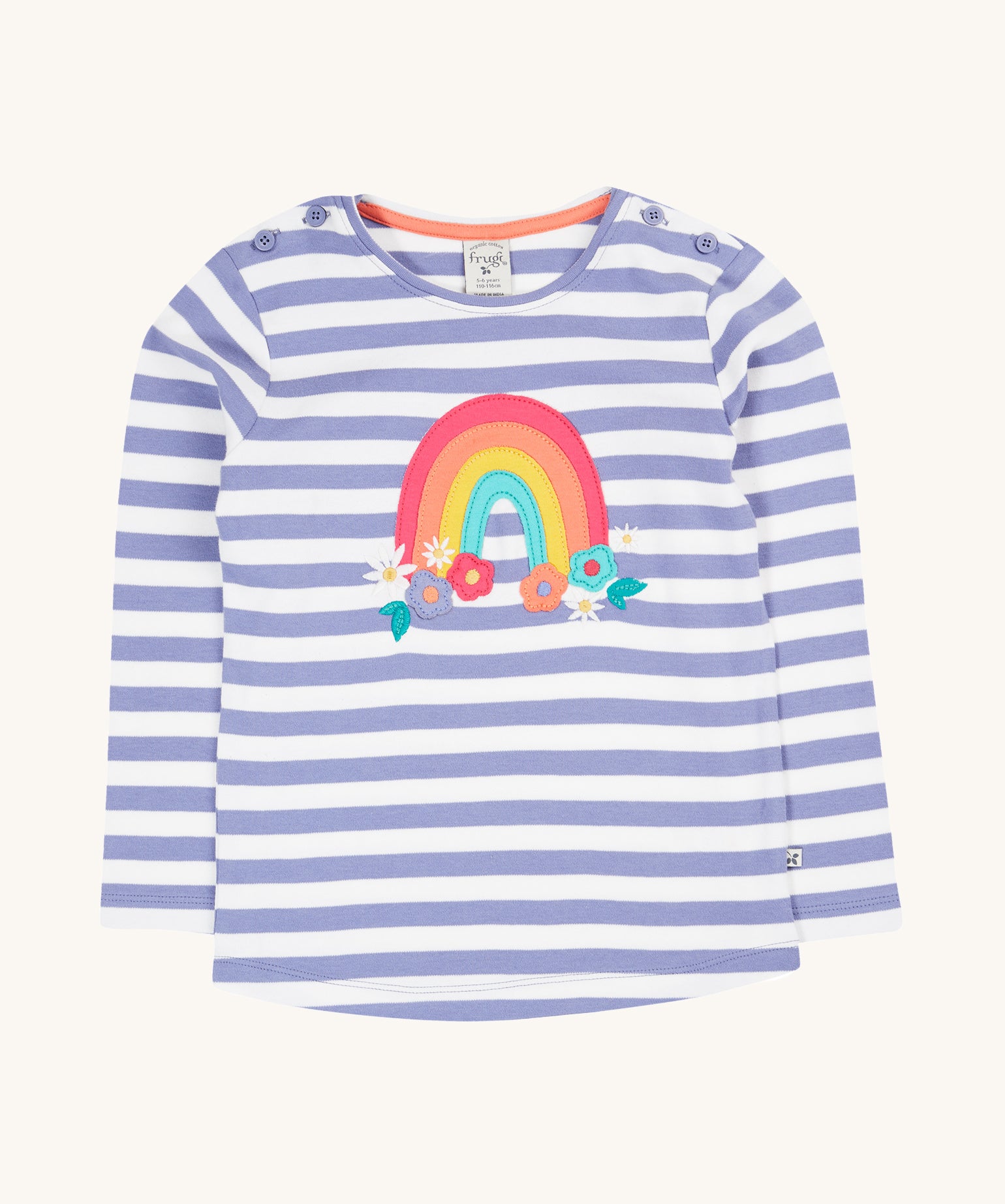 Frugi Louise Applique Top - Grape Stripe/Rainbow. A lovely lilac and white stripe, long sleeve top but button shoulders for easy on and off, and a pretty rainbow and flower applique on the chest