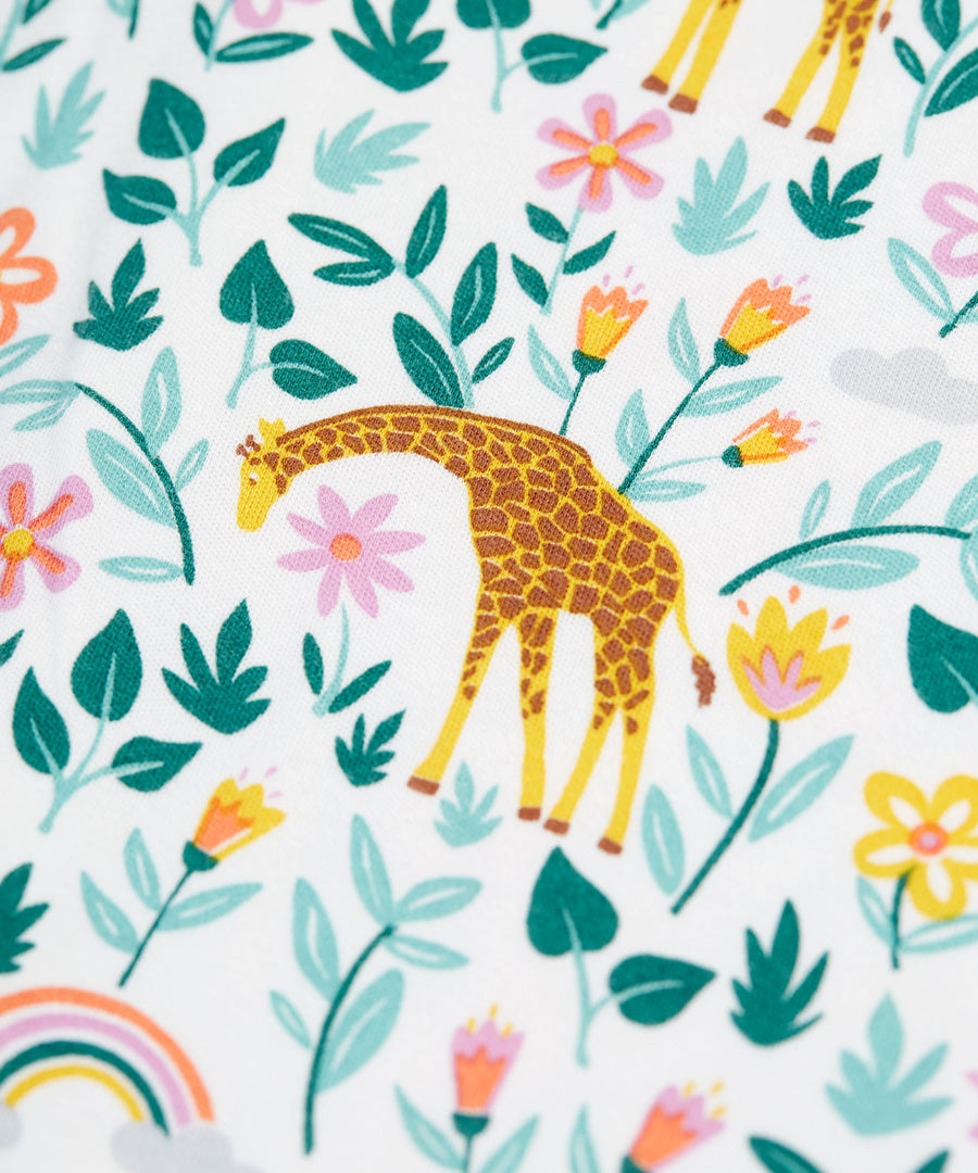 The giraffe and nature print on the Frugi Lovely Babygrow - Soft White Giraffes