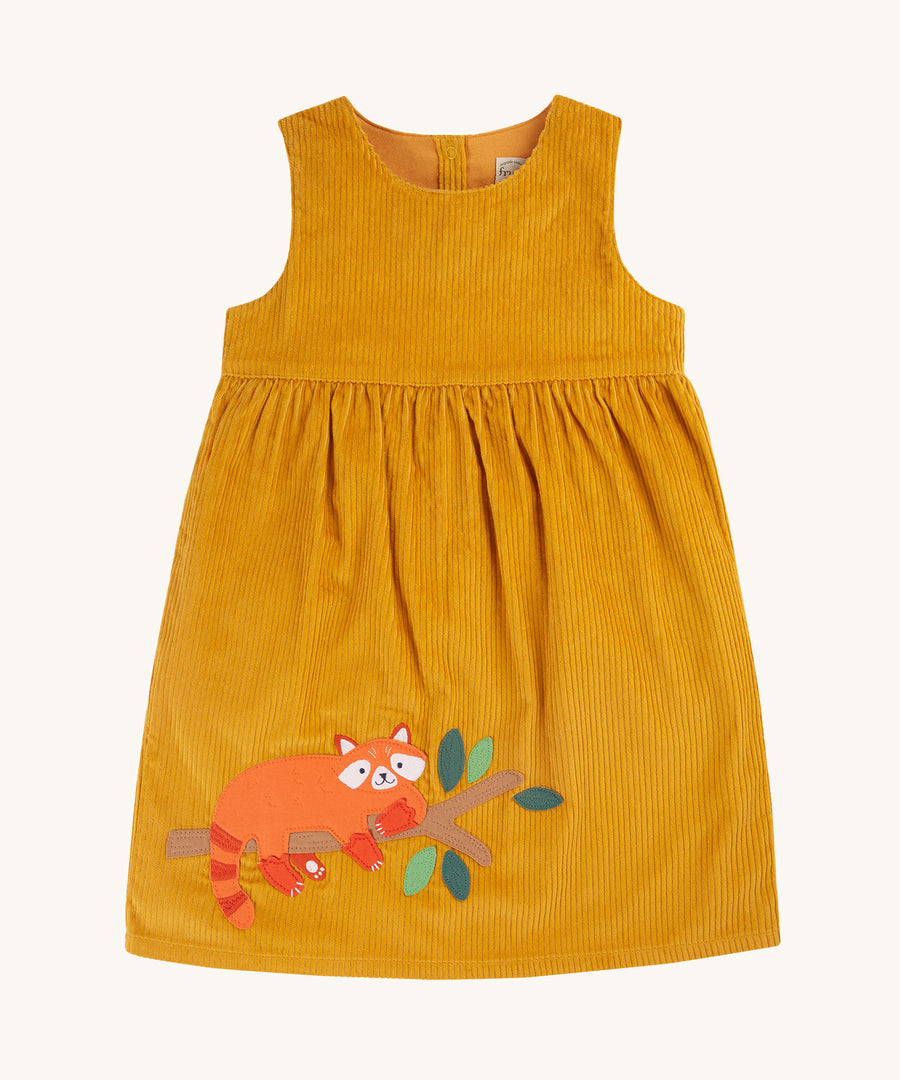 Frugi Lovely Lily Cord Dress - Gold/Red Panda. A beautiful yellow, sleeveless dress in organic corduroy, with a happy red panda on a tree branch applique at the bottom of the dress.