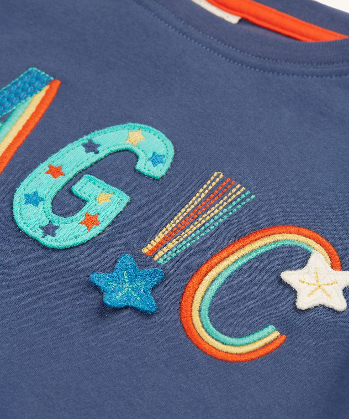 A closer look at the "Magic" lettering on the Frugi Adventure Applique Top - Navy Blue/Magic