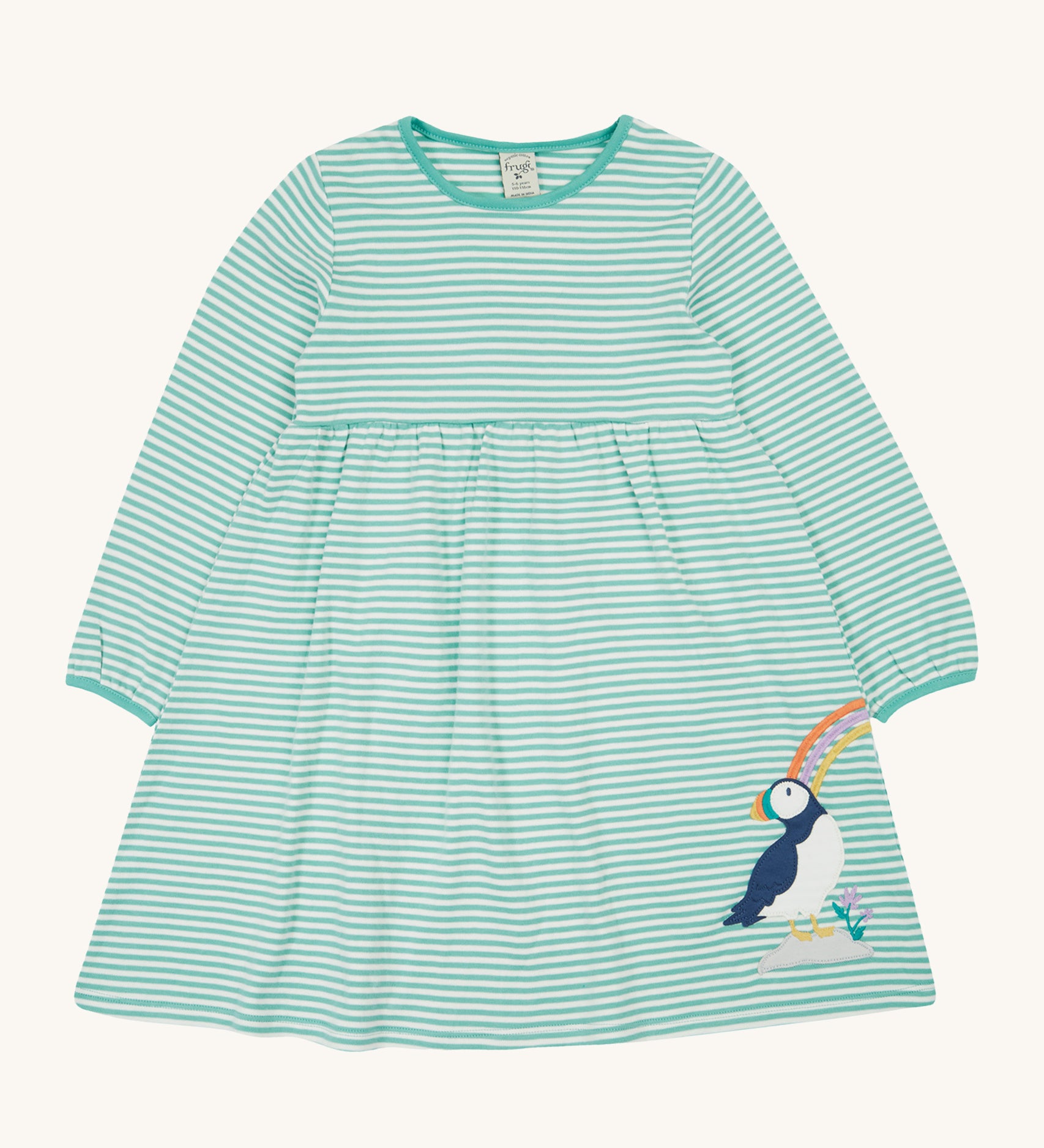 Frugi Dolcie Dress - Moss Stripe/Puffin Rainbow. A beautiful moss green and white stripe long sleeve dress, with a Frugi puffin applique on the bottom of the dress skirt