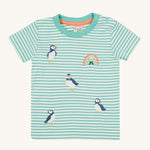 Frugi Little Embroidered T-Shirt - Moss Stripe/Puffin