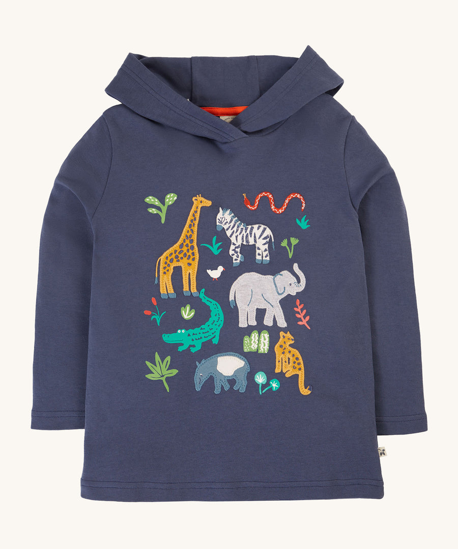 Frugi Campfire Hooded Top - Navy Blue/Go Wild Animals, in Navy blue with fun animal appliques on the front