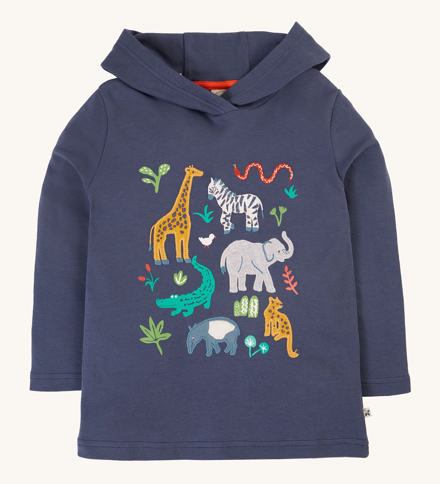 Frugi Campfire Hooded Top - Navy Blue/Go Wild Animals, in Navy blue with fun animal appliques on the front