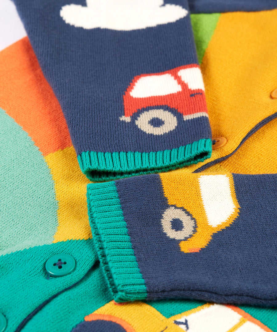 A closer look at the sleeves and print of the Frugi Reva Applique Cardigan - Navy Blue/Sunrise