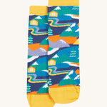 A fun and colourful mountain and lodge design on the Frugi Rock My Socks 3 Pack - Alpine Adventures