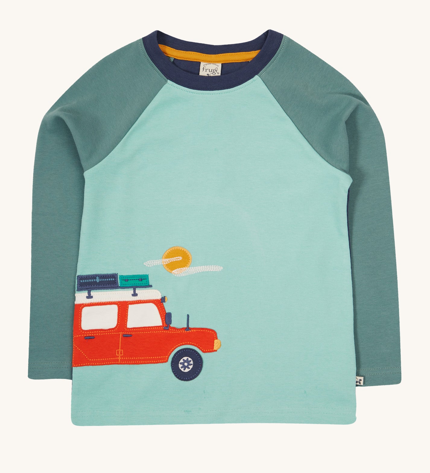 Frugi Albert Wrap Around Top - Moss/4X4 Camper. A lovely moss and green top, with a camper van and sun applique on the front