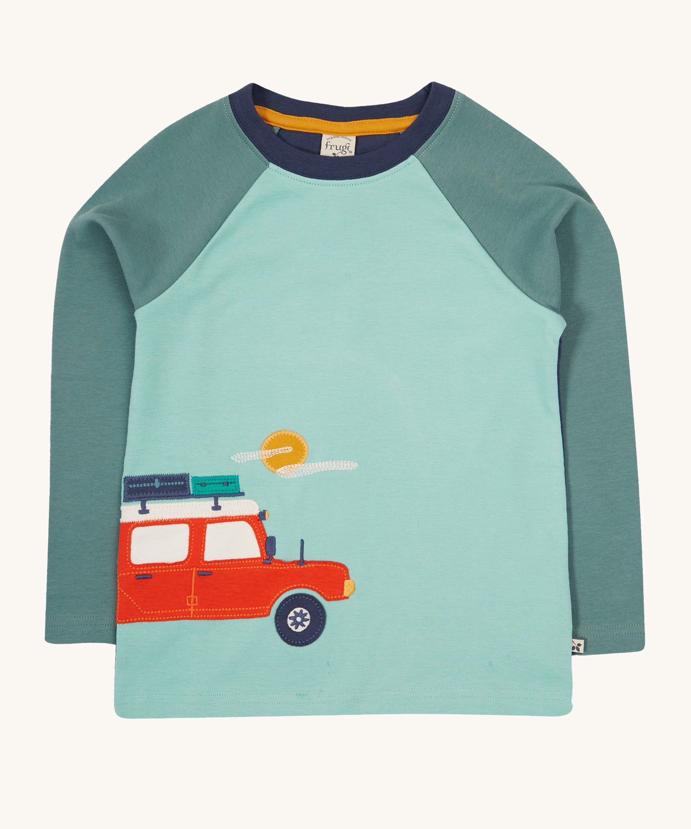 Frugi Albert Wrap Around Top - Moss/4X4 Camper. A lovely moss and green top, with a camper van and sun applique on the front