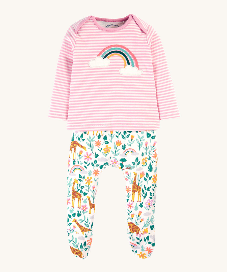 Frugi Brooke Easy Dressing Babygrow - White Giraffes/Cosmos Stripe. A beautiful pink and white stripe top with rainbow applique, and playful giraffe print bottoms