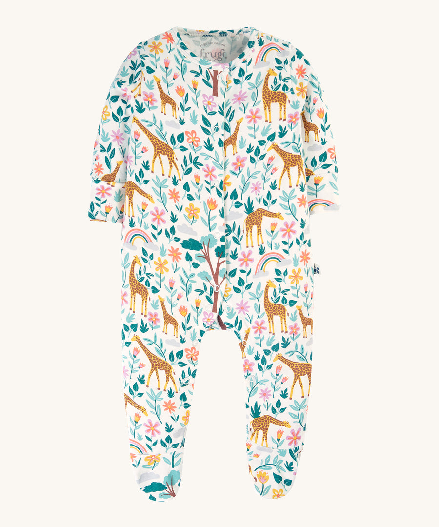 Frugi Lovely Babygrow - Soft White Giraffes with a beautiful giraffe and nature print