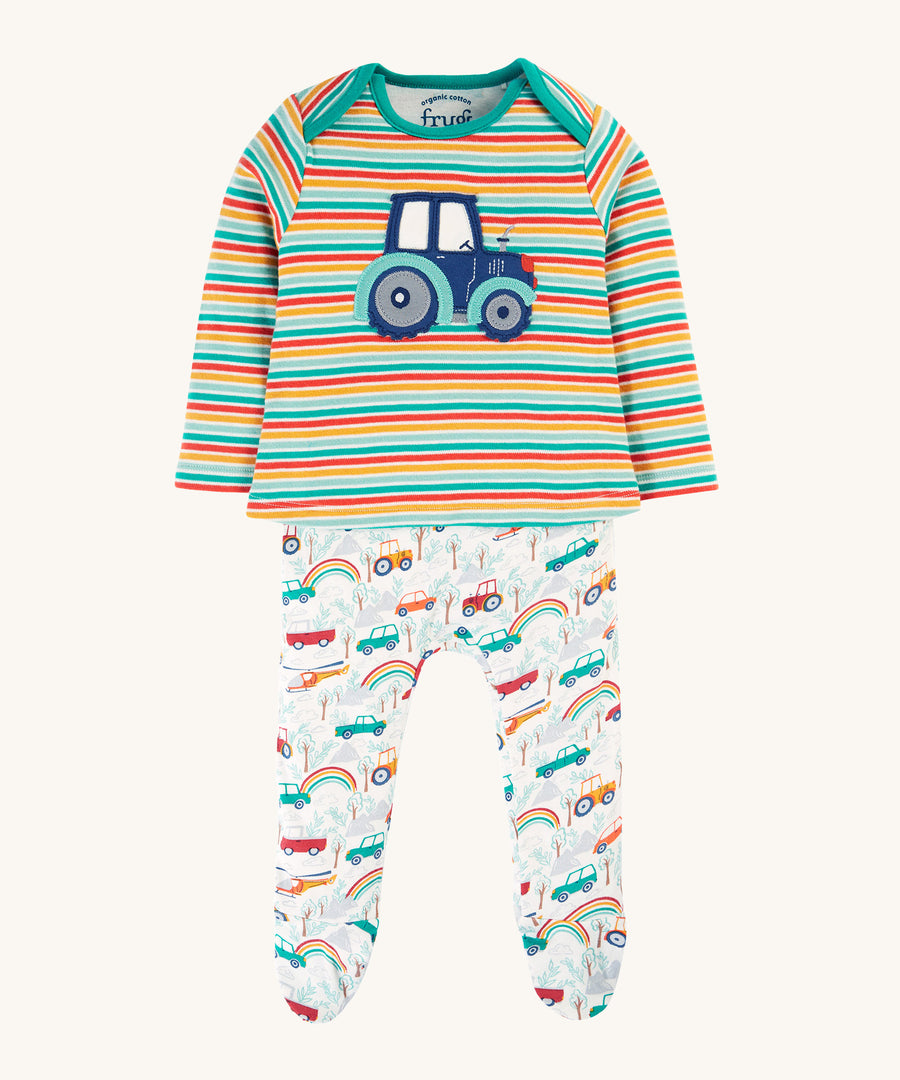 Frugi Brooke Easy Dressing Babygrow - Let's Go!/Iguana Stripe. A colourful striped top with a tractor applique, and fun vehicle print bottoms