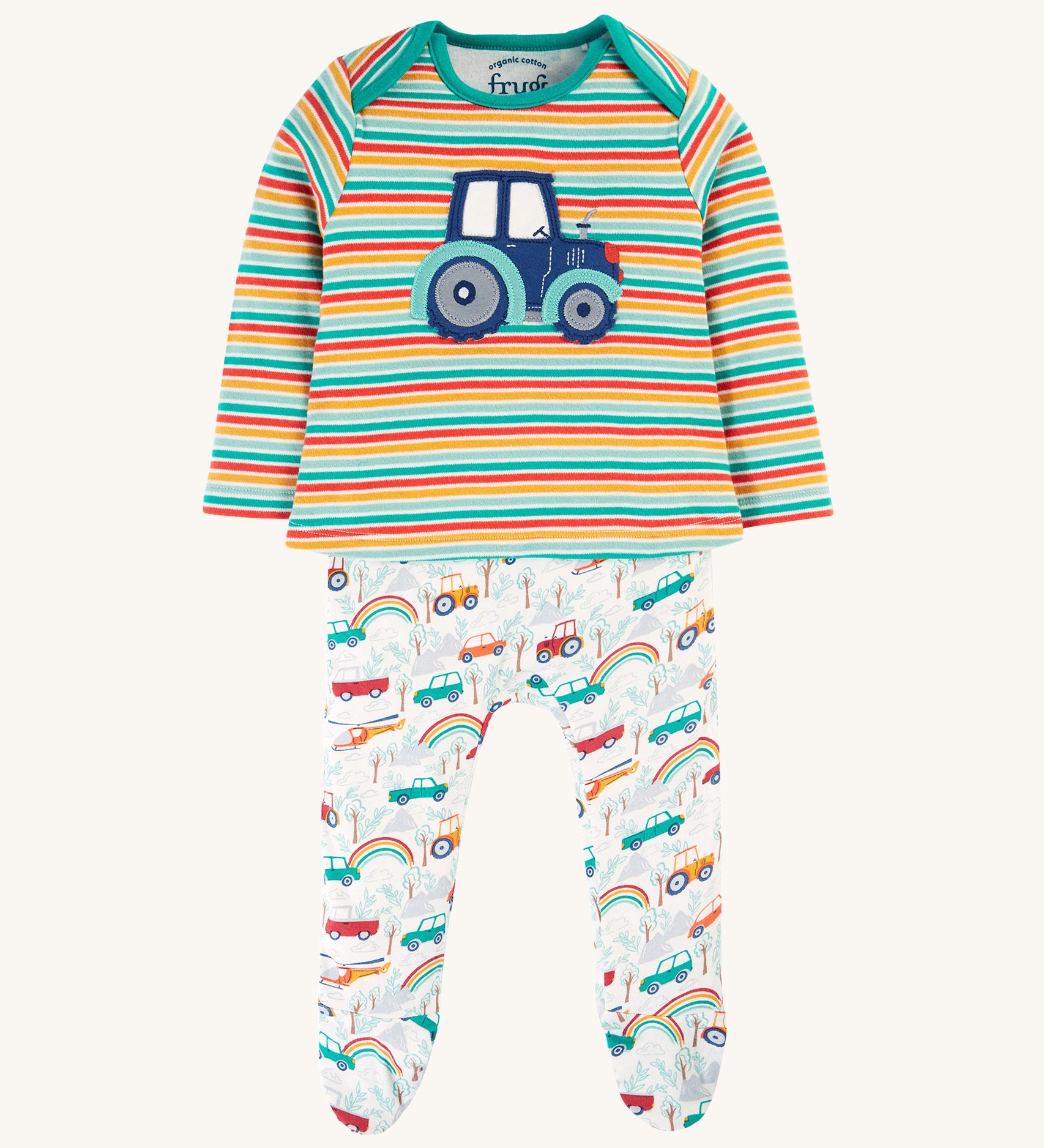 Frugi Brooke Easy Dressing Babygrow - Let's Go!/Iguana Stripe. A colourful striped top with a tractor applique, and fun vehicle print bottoms