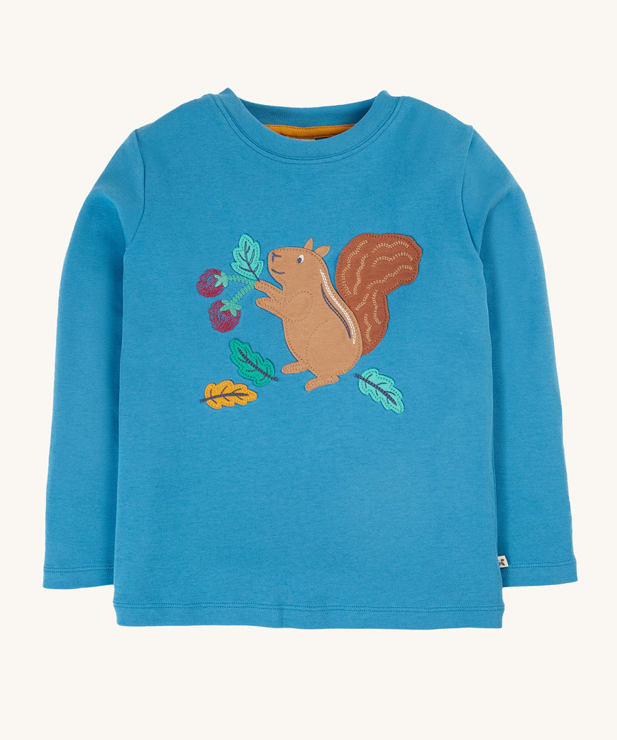 Frugi Adventure Applique Top - Deep Water/Squirrel. A lovely blue fabric, with a fun autumn squirrel applique on the front